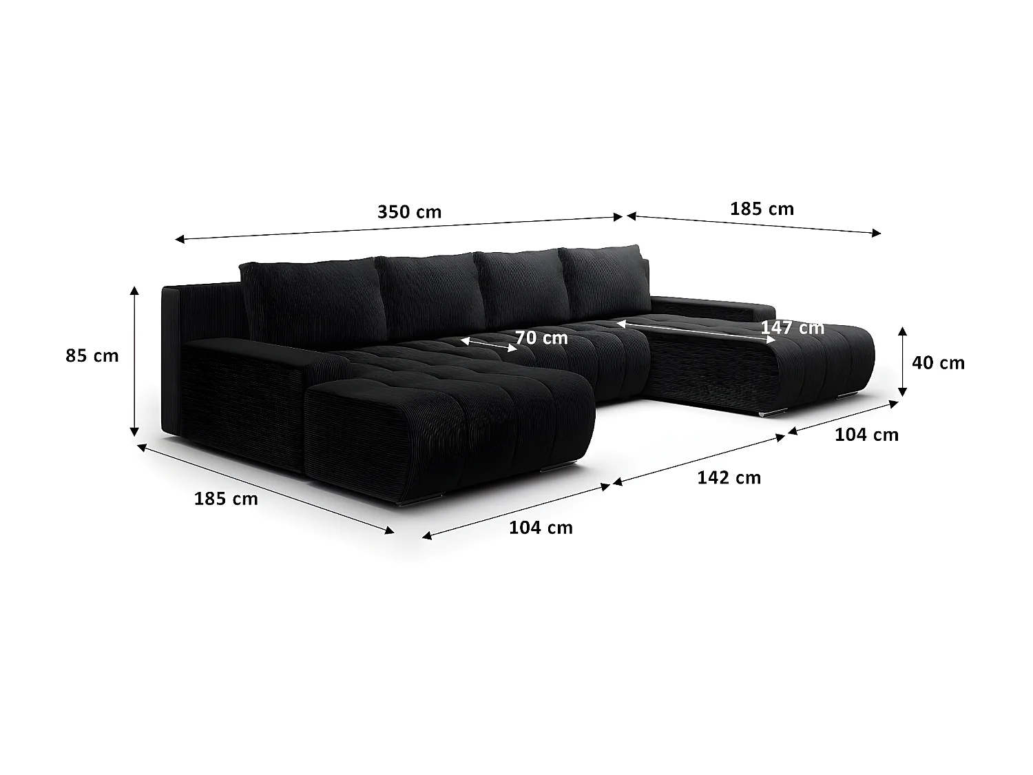 Canapé U 5 places convertible coffre Jonas velours côtelé Noir