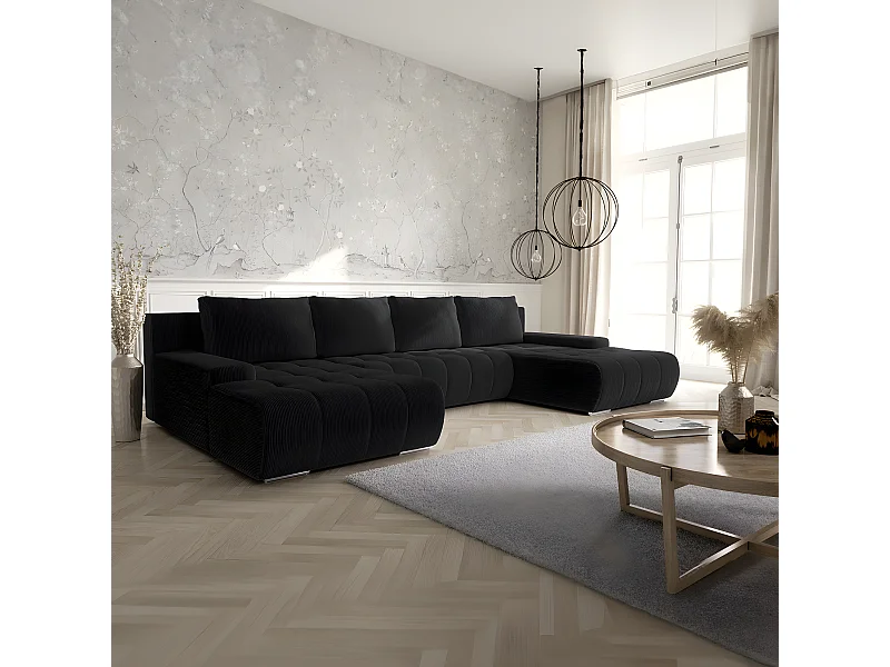 Canapé U 5 places convertible coffre Jonas velours côtelé Noir