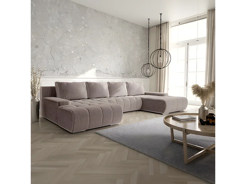 Canapé U 5 places convertible coffre Jonas velours côtelé Taupe