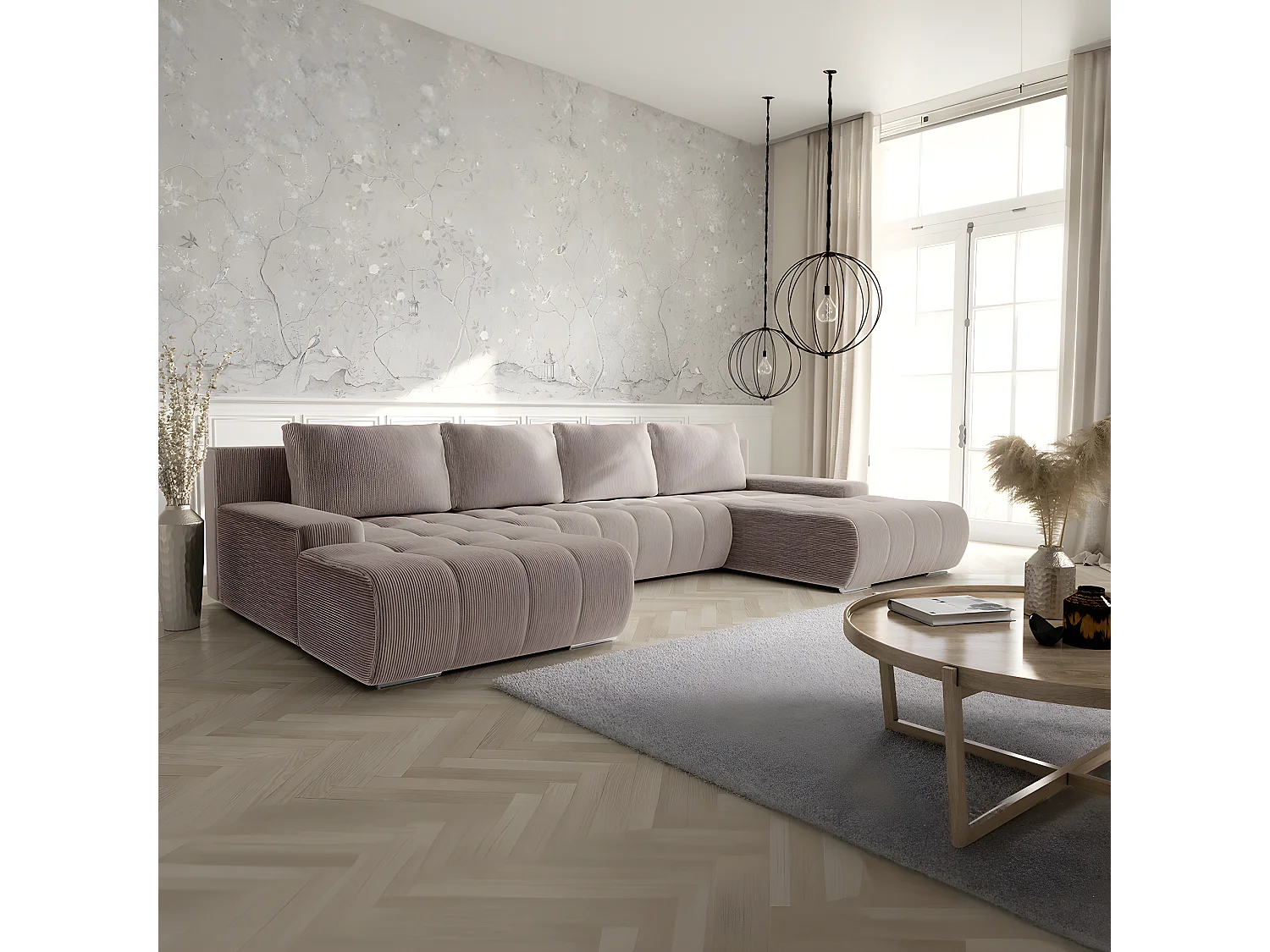 Canapé U 5 places convertible coffre Jonas velours côtelé Taupe