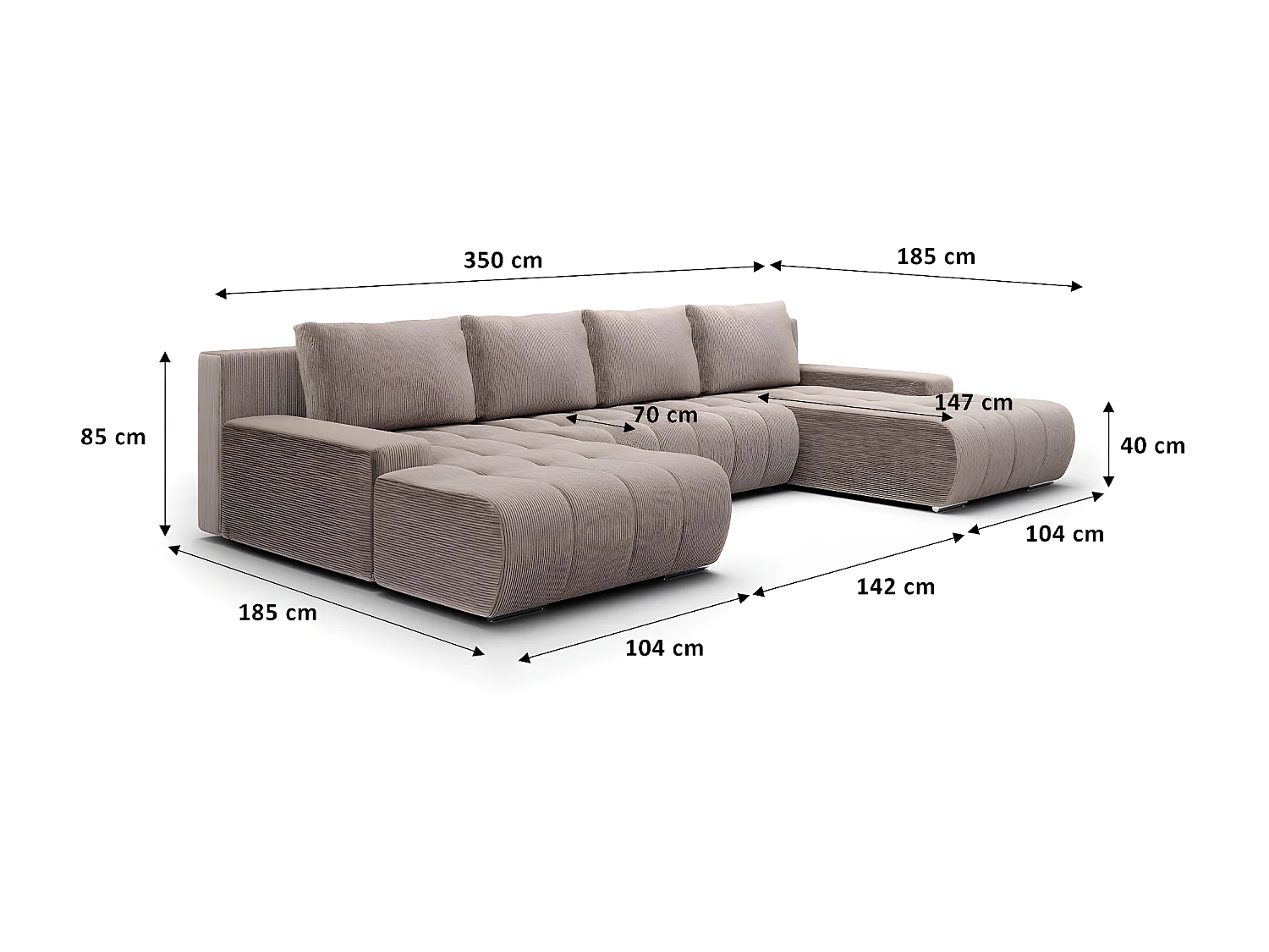 Canapé U 5 places convertible coffre Jonas velours côtelé Taupe