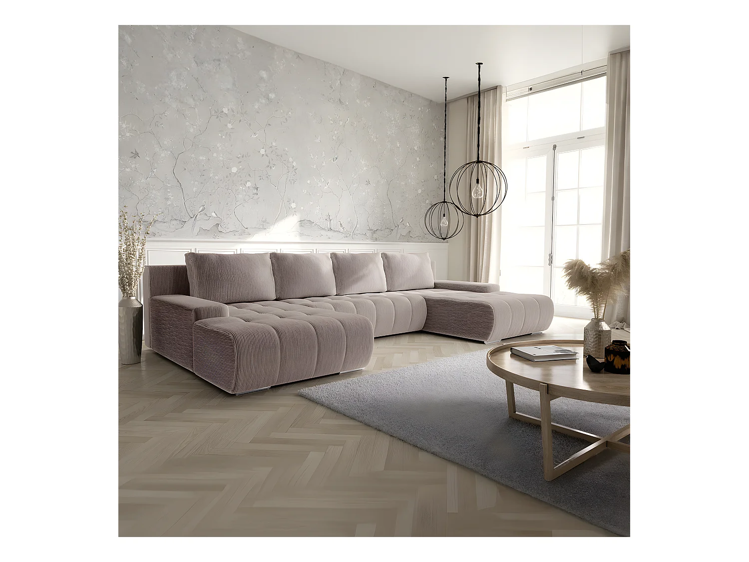 Canapé U 5 places convertible coffre Jonas velours côtelé Taupe