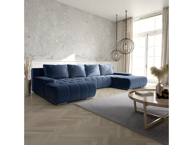 Canapé U 5 places convertible coffre Jonas velours côtelé Bleu