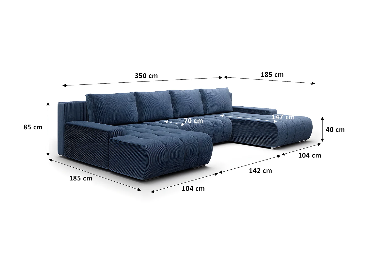 Canapé U 5 places convertible coffre Jonas velours côtelé Bleu