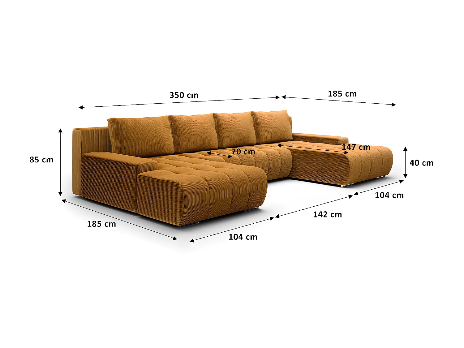 Canapé U 5 places convertible coffre Jonas velours côtelé Jaune