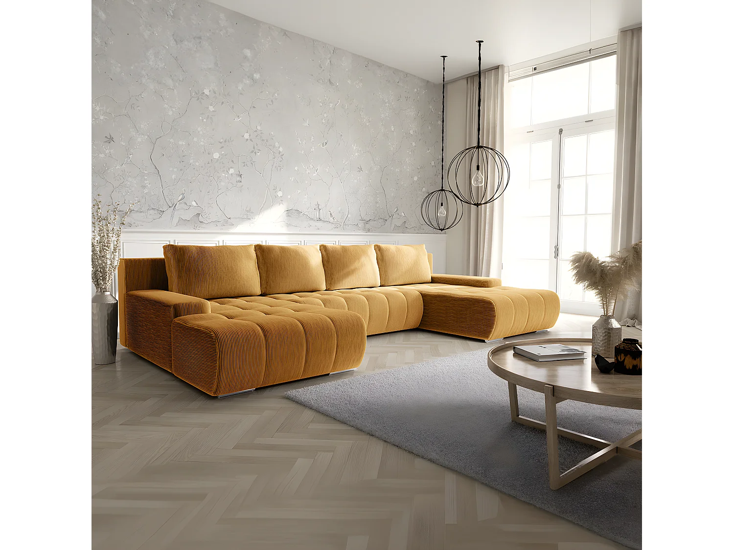 Canapé U 5 places convertible coffre Jonas velours côtelé Jaune