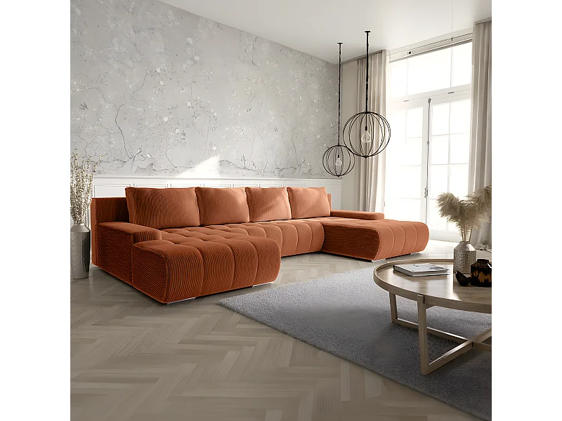 Canapé U 5 places convertible coffre Jonas velours côtelé Orange brique