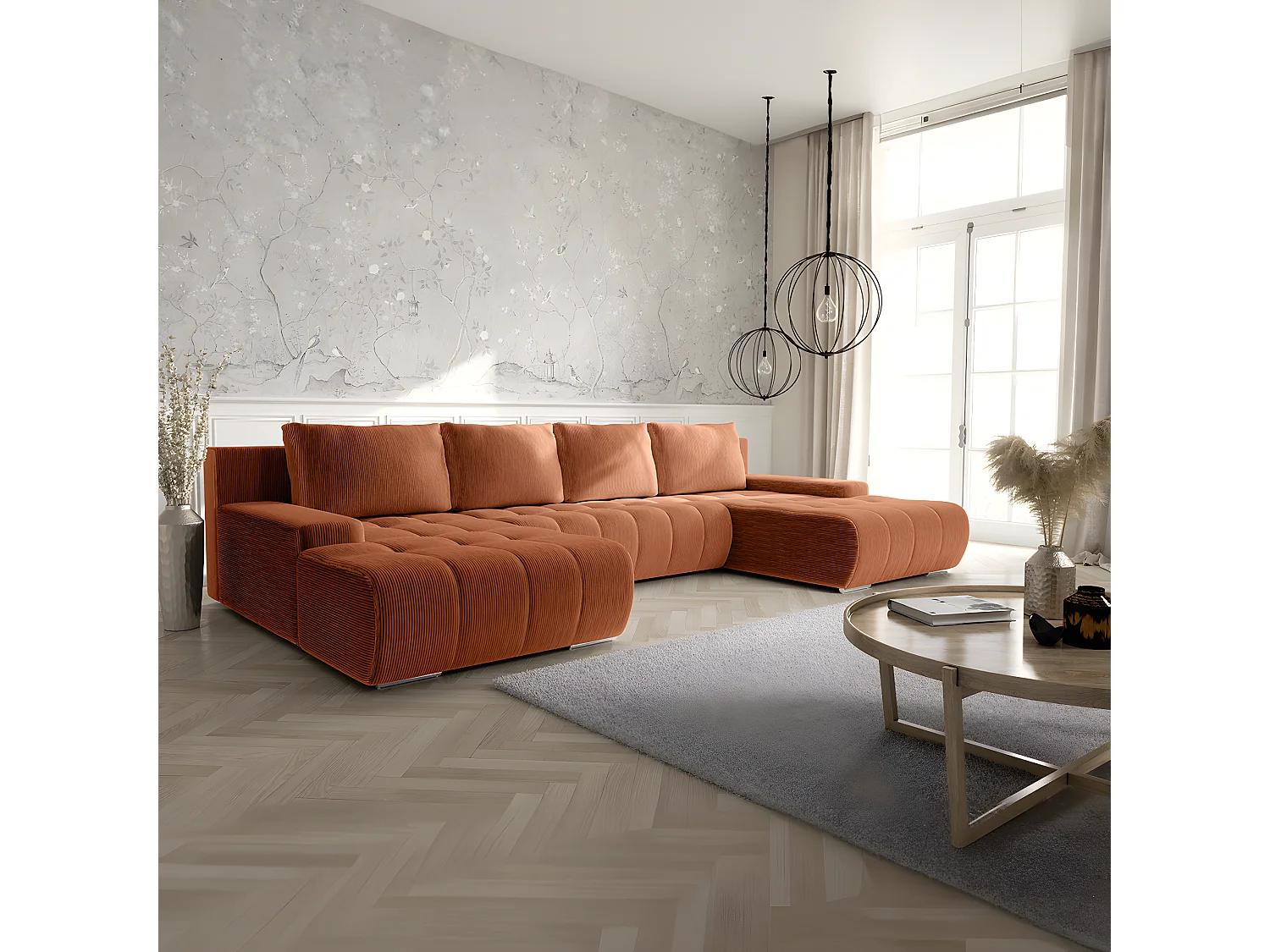 Canapé U 5 places convertible coffre Jonas velours côtelé Orange brique