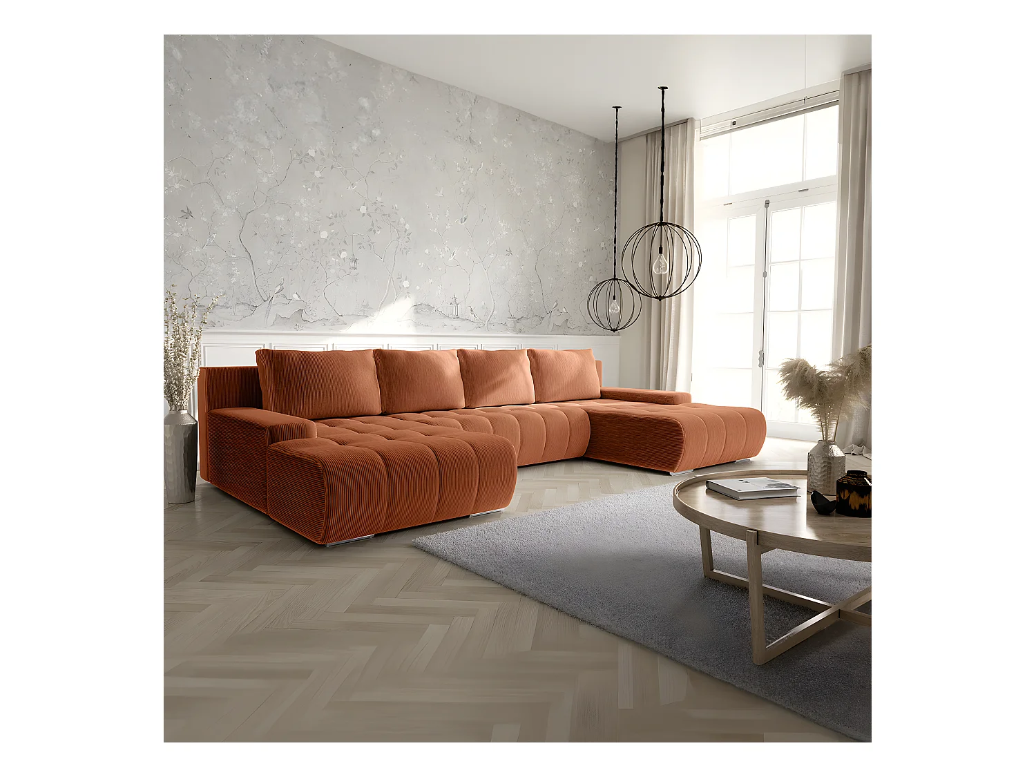 Canapé U 5 places convertible coffre Jonas velours côtelé Orange brique