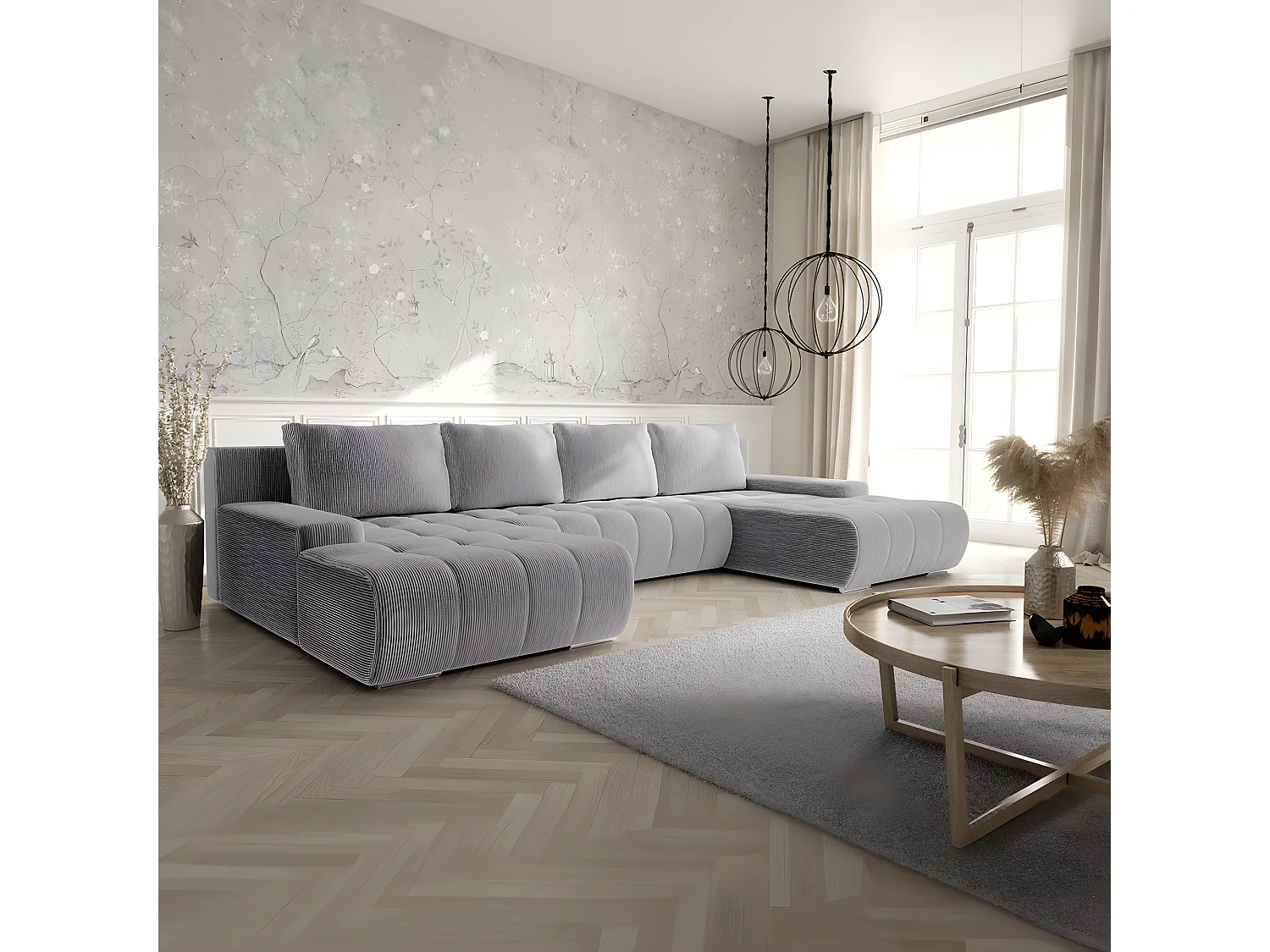 Canapé U 5 places convertible coffre Jonas velours côtelé Gris Clair