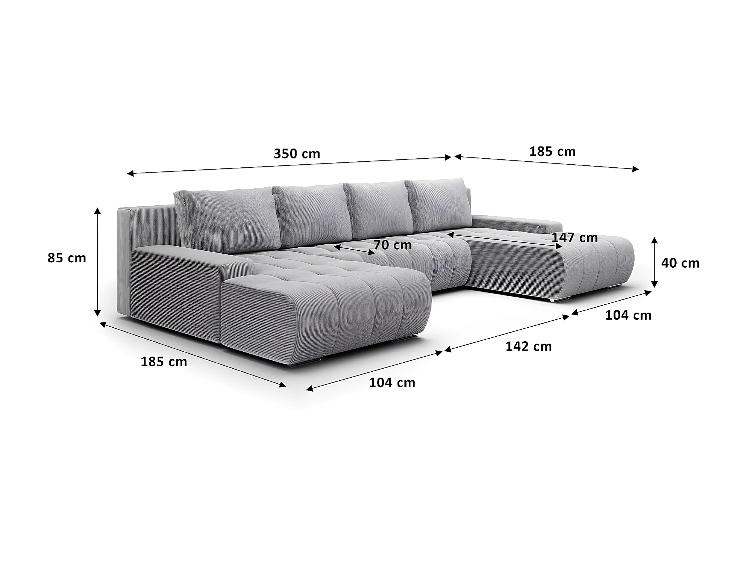 Canapé U 5 places convertible coffre Jonas velours côtelé Gris Clair