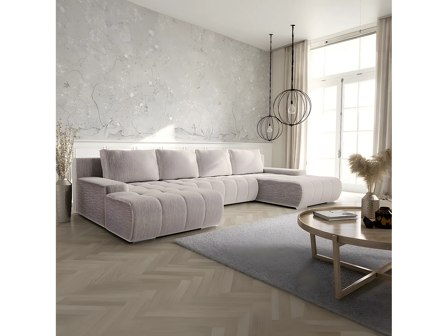 Canapé U 5 places convertible coffre Jonas velours côtelé Blanc Cassé