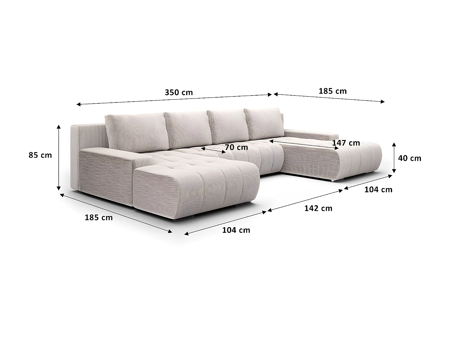Canapé U 5 places convertible coffre Jonas velours côtelé Blanc Cassé