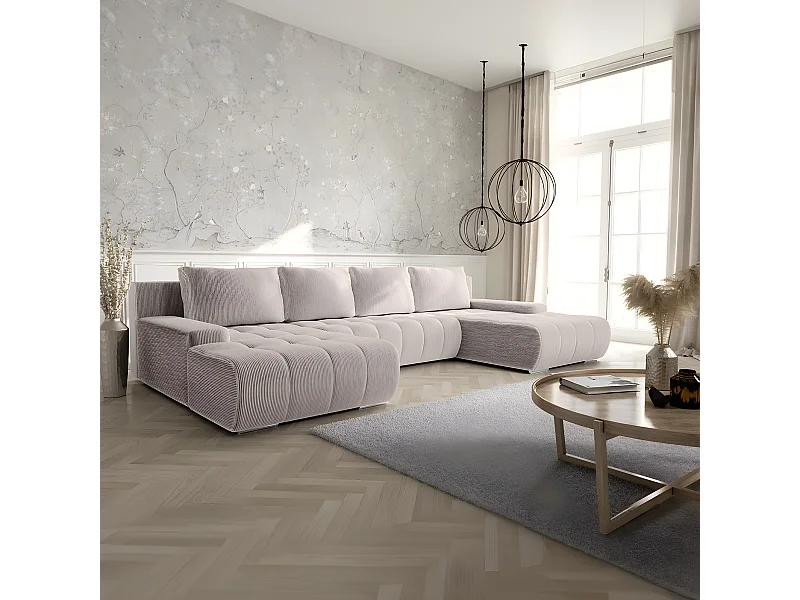 Canapé U 5 places convertible coffre Jonas velours côtelé Blanc Cassé