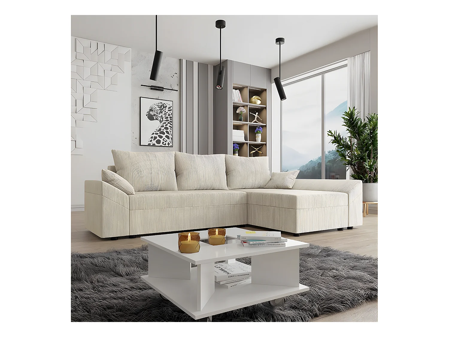 Beige fluwelen hoekslaapbank met opbergvak - Vaugirard L
