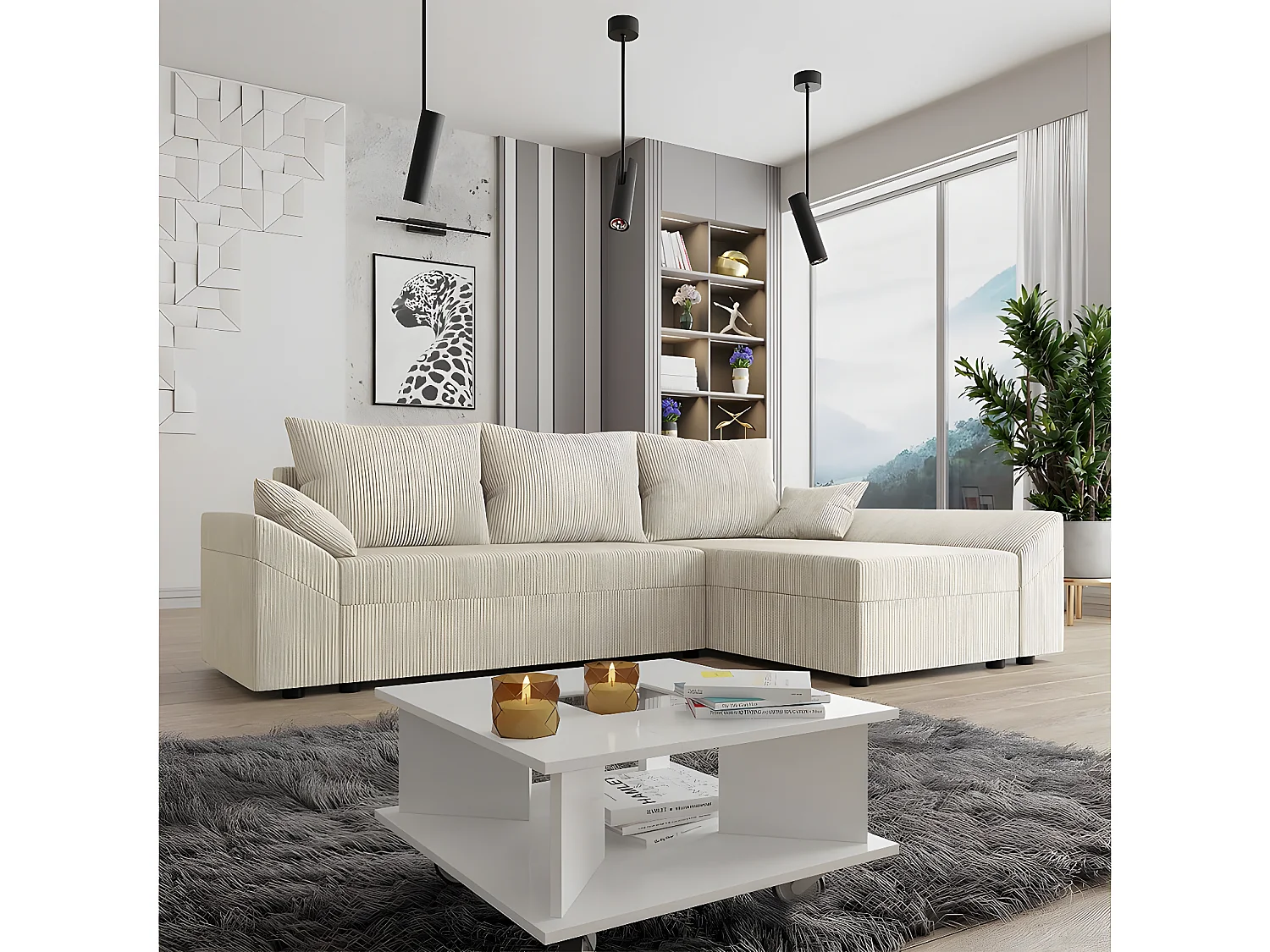 Beige fluwelen hoekslaapbank met opbergvak - Vaugirard L