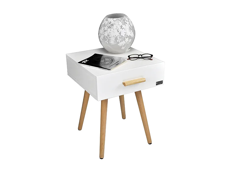 Comodino bianco con piedi in faggio linea Nordic