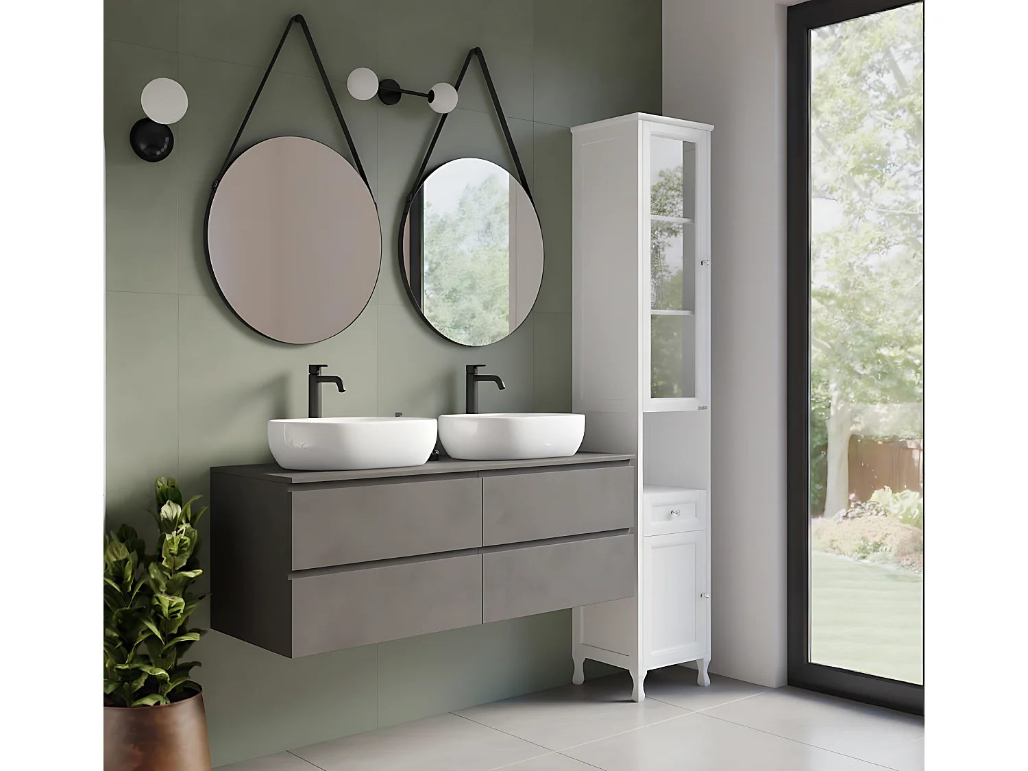 Mobile bagno a colonna in legno laccato bianco, vetrinetta mod.Vittoria