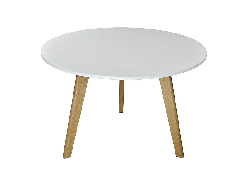 Tavolino rotondo da salotto mod. Oliver con top bianco in mdf e piedi in legno