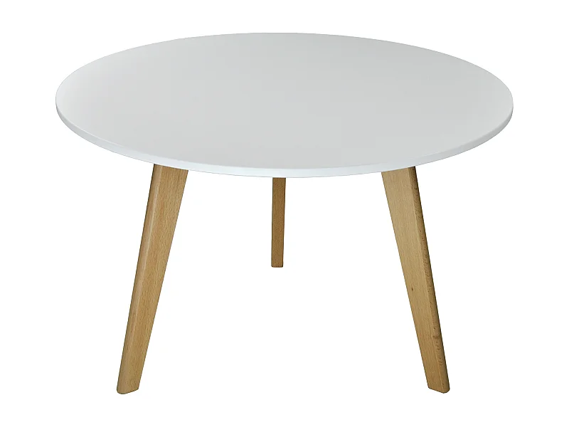 Tavolino rotondo da salotto mod. Oliver con top bianco in mdf e piedi in legno