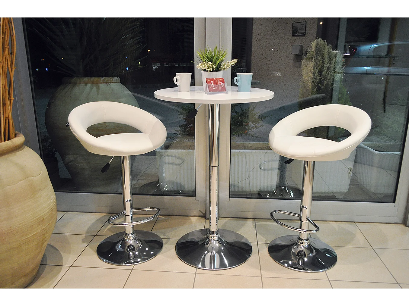 Tavolo regolabile in altezza rotondo 60 cm bianco, tavolino da bar mod. Romeo