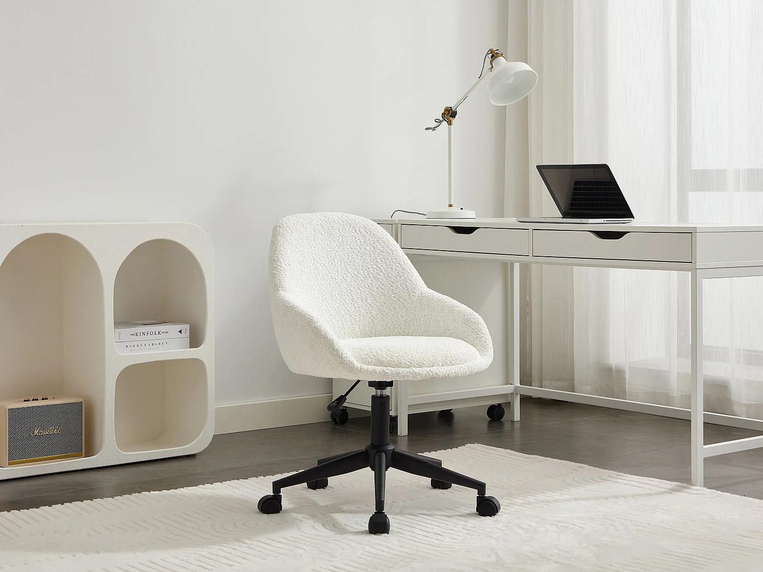 Chaise de bureau - Tissu bouclette - Blanc ivoire - Hauteur réglable - NAODY
