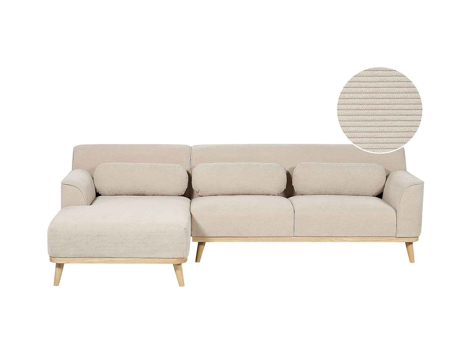 Canapé d'Angle Côté Droit en Velours Côtelé Beige Bois d'Hévéa et d'Eucalyptus 3 Places Simos