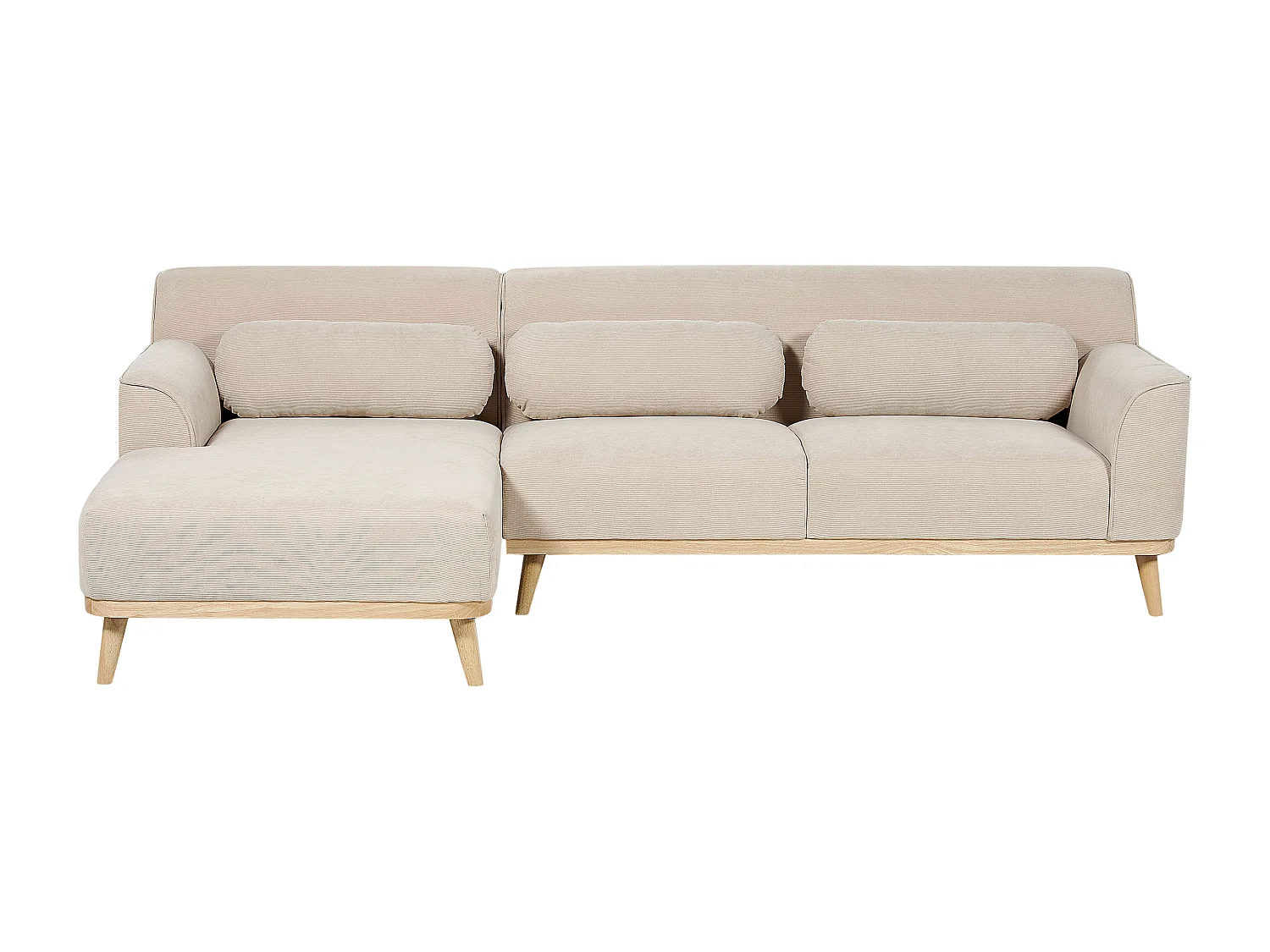 Canapé d'Angle Côté Droit en Velours Côtelé Beige Bois d'Hévéa et d'Eucalyptus 3 Places Simos