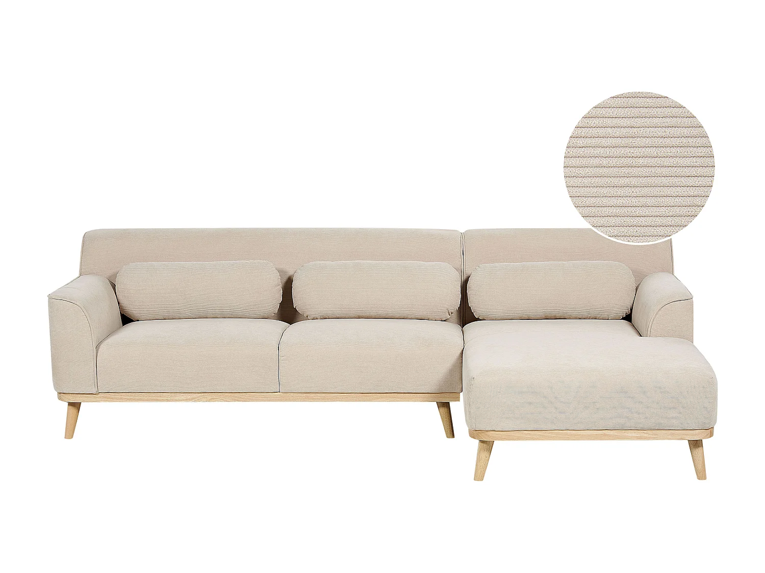 3-Sitzer Ecksofa L-förmig Cord beige mit Chaiselongue links mehrere Kissen Simos