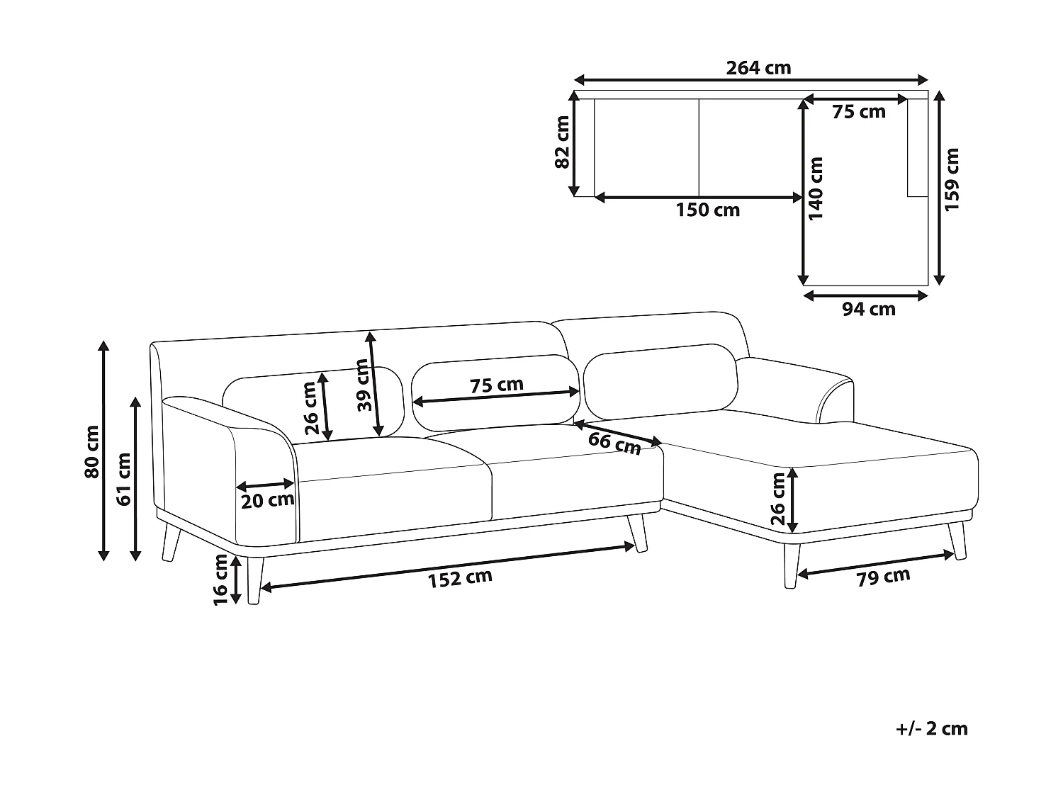 3-Sitzer Ecksofa L-förmig Cord beige mit Chaiselongue links mehrere Kissen Simos