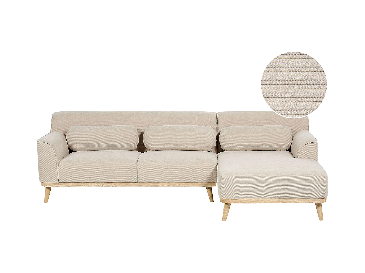3-Sitzer Ecksofa L-förmig Cord beige mit Chaiselongue links mehrere Kissen Simos