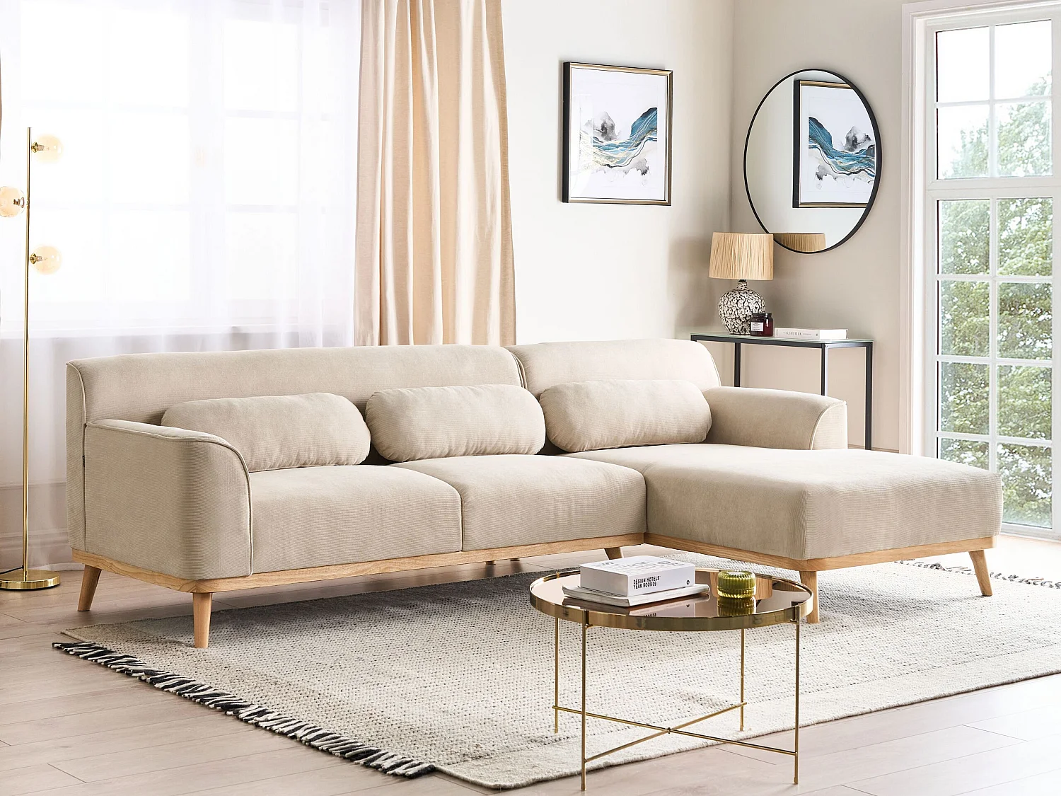 Ecksofa SIMOS Cord Hellbeige 3-Sitzer linksseitig