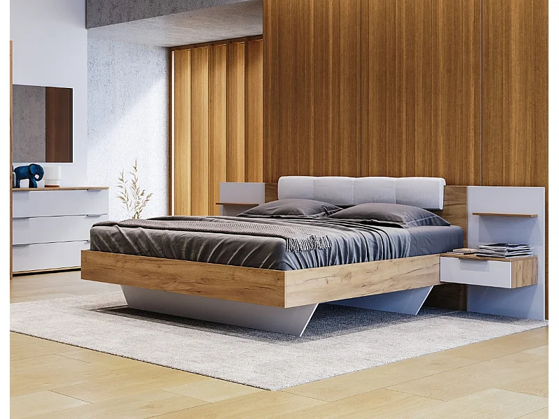 LIT ASTO avec chevets suspendus, blanc laqué et chêne clair 160x200 cm