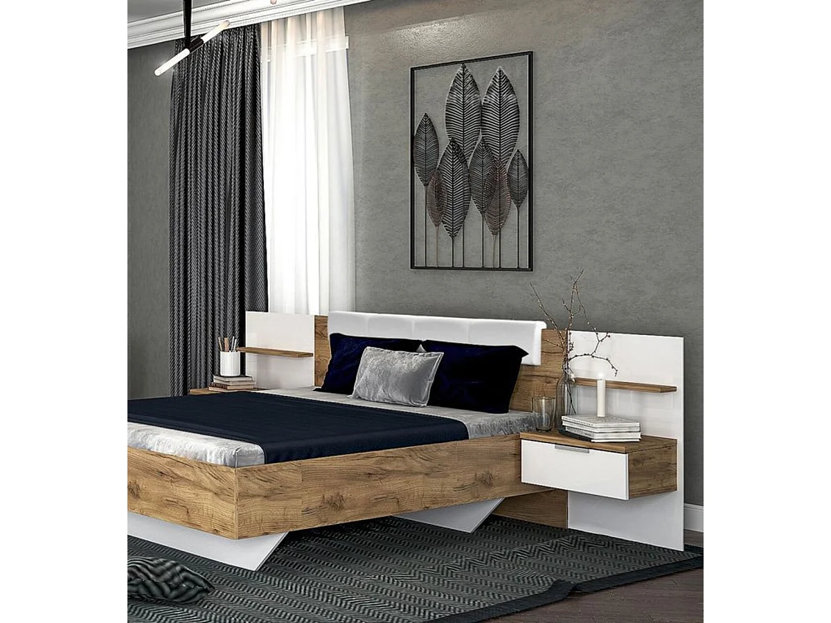 LIT ASTO avec chevets suspendus, blanc laqué et chêne clair 160x200 cm