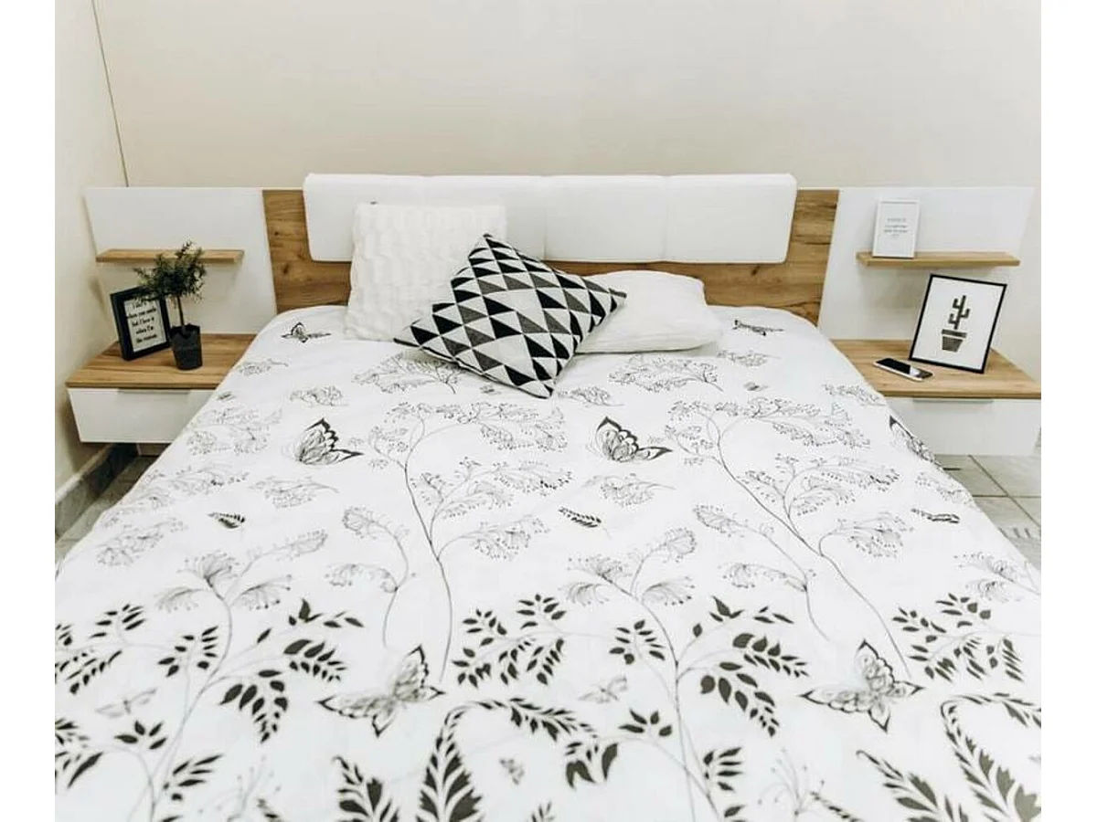 LIT ASTO avec chevets suspendus, blanc laqué et chêne clair 160x200 cm