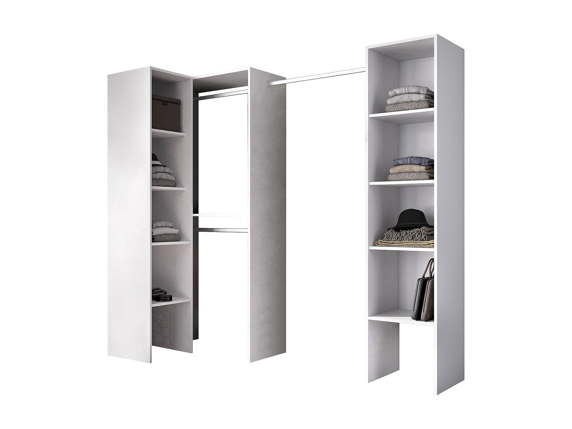 Dressing D'angle Modulable TAMOKA – L144,5 Cm, Blanc Et Naturel – 3 Penderies, 1 Tiroir, 5 Lingères