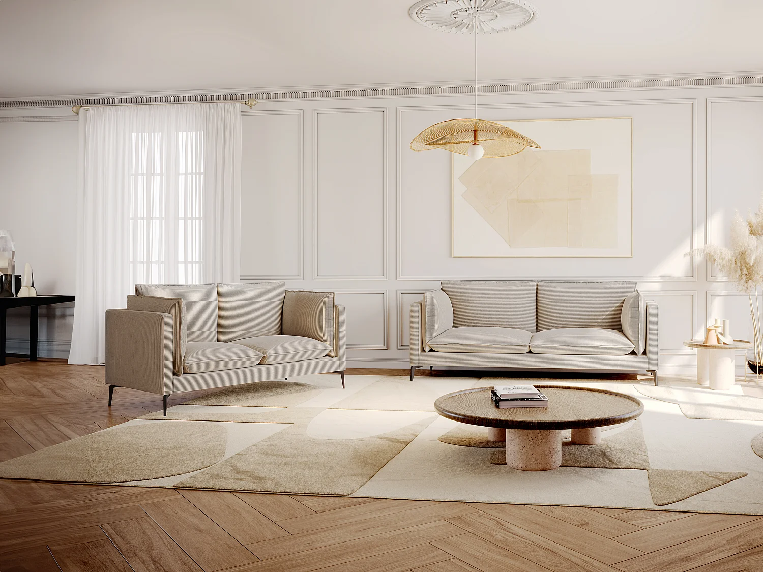 Tweezitsbank van beige ribfluweel KESTREL