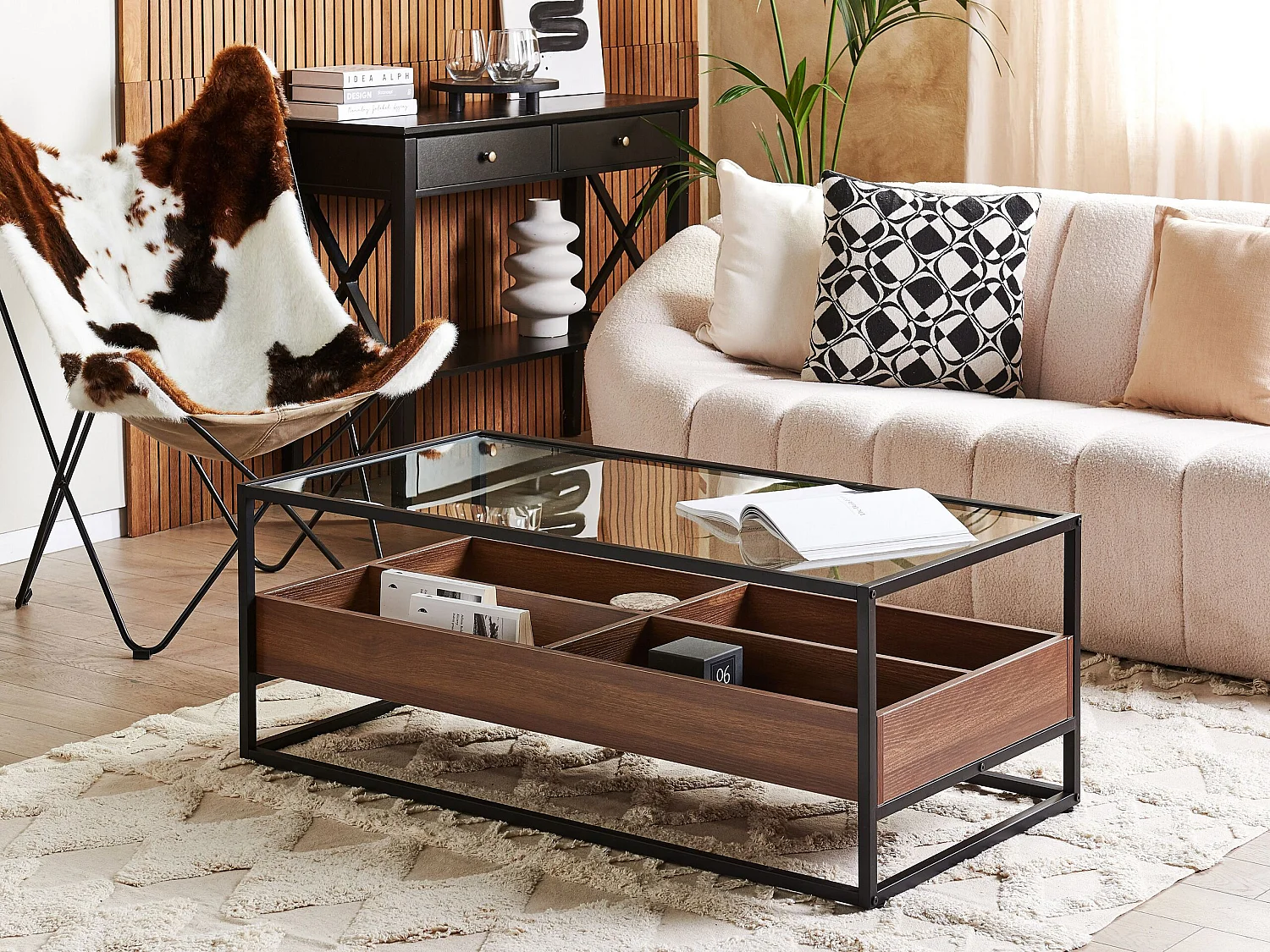Table basse WACO Verre de sécurité Noir avec rangement