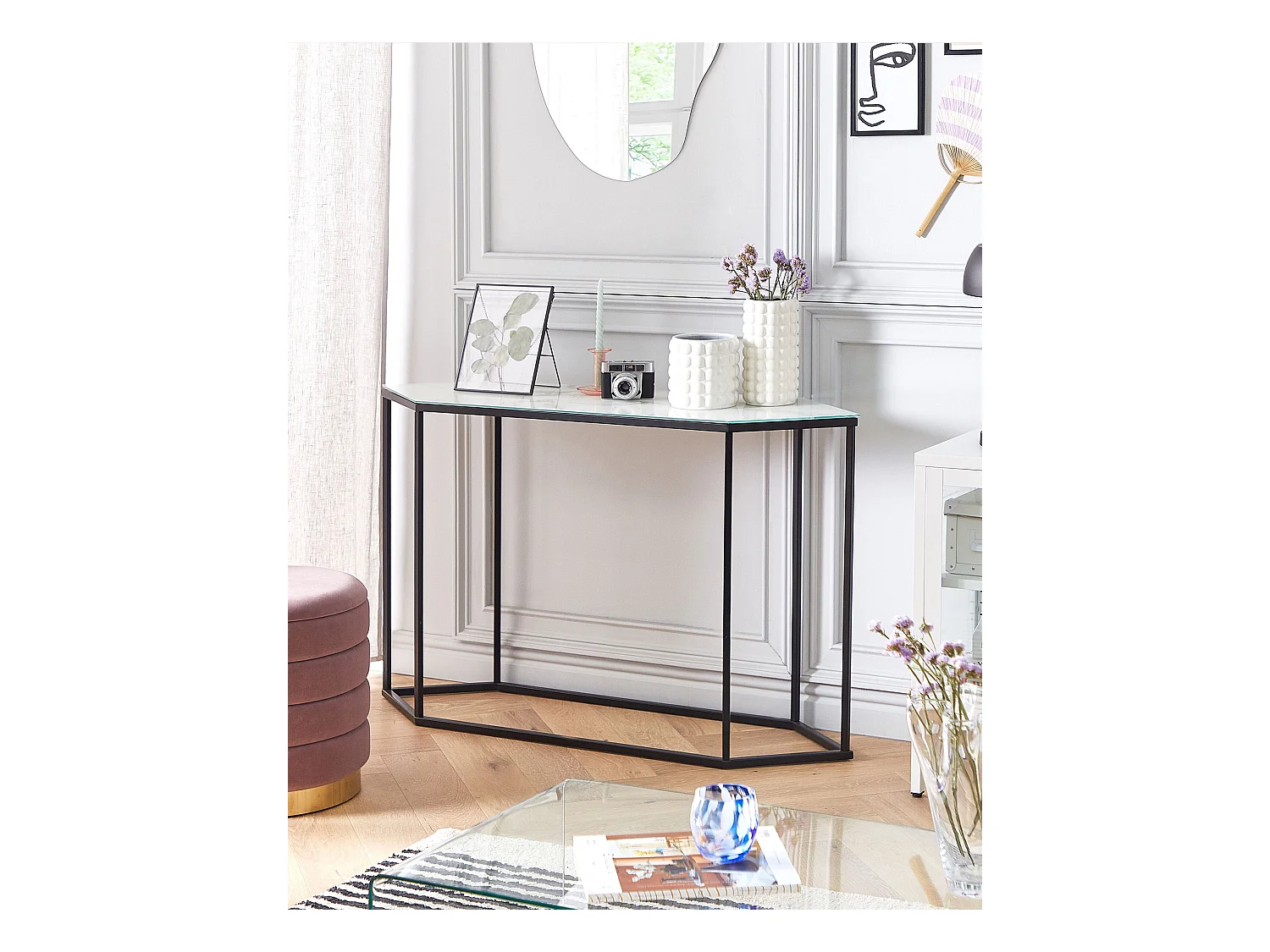 Schmaler Konsolentisch Marmor Optik weiß Metallgestell schwarz Galmour Perrin
