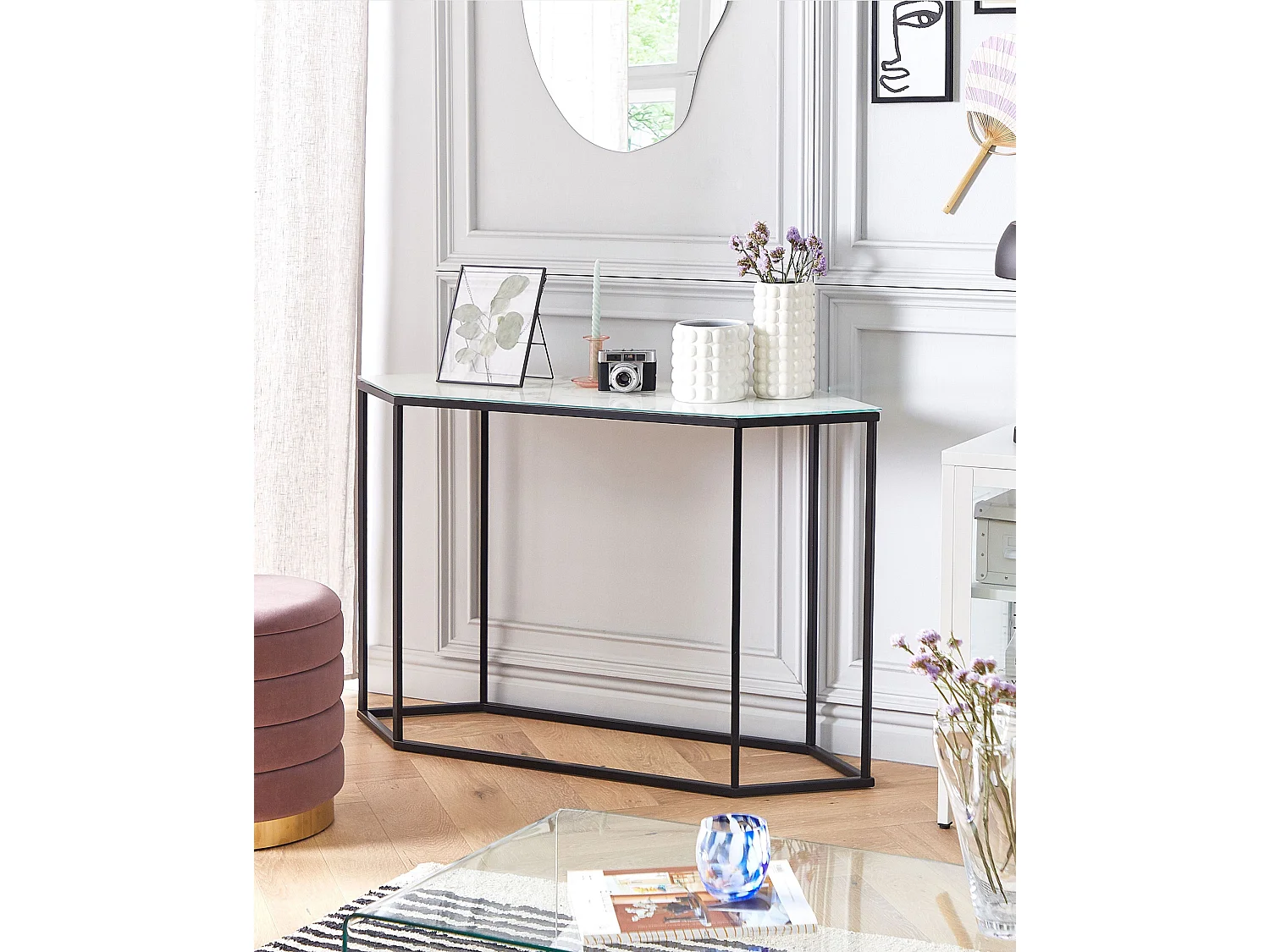 Schmaler Konsolentisch Marmor Optik weiß Metallgestell schwarz Galmour Perrin