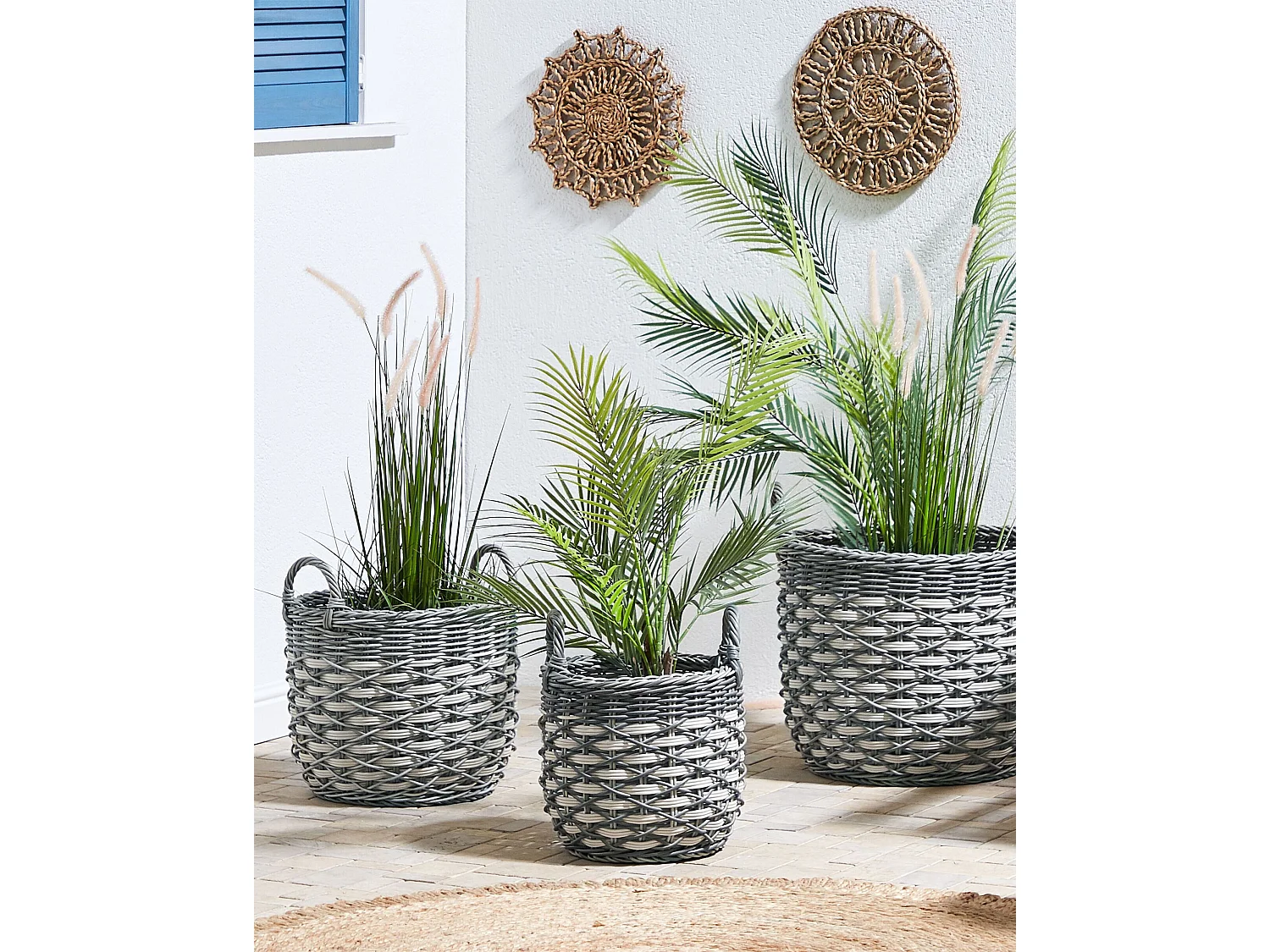 Moderne Blumenkörbe 3er Set aus PE Rattan grau/weiß Outdoor Gefira