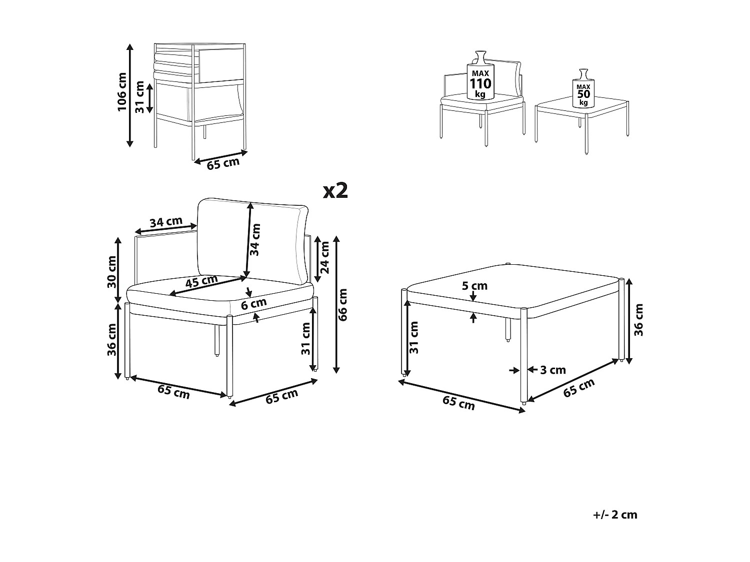 Lounge-Set mit Couchtisch orange Aluminium modulares 2-Sitzer Sofa-Set Terracina