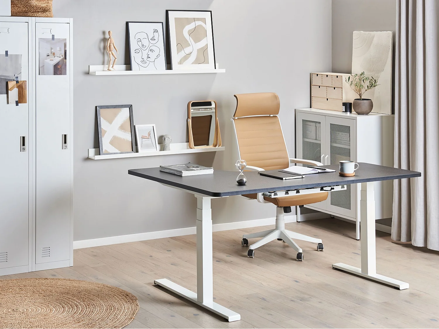 Bureau angle à droite/ réglable électrique 160 x 110 cm noir et blanc DESTIN II