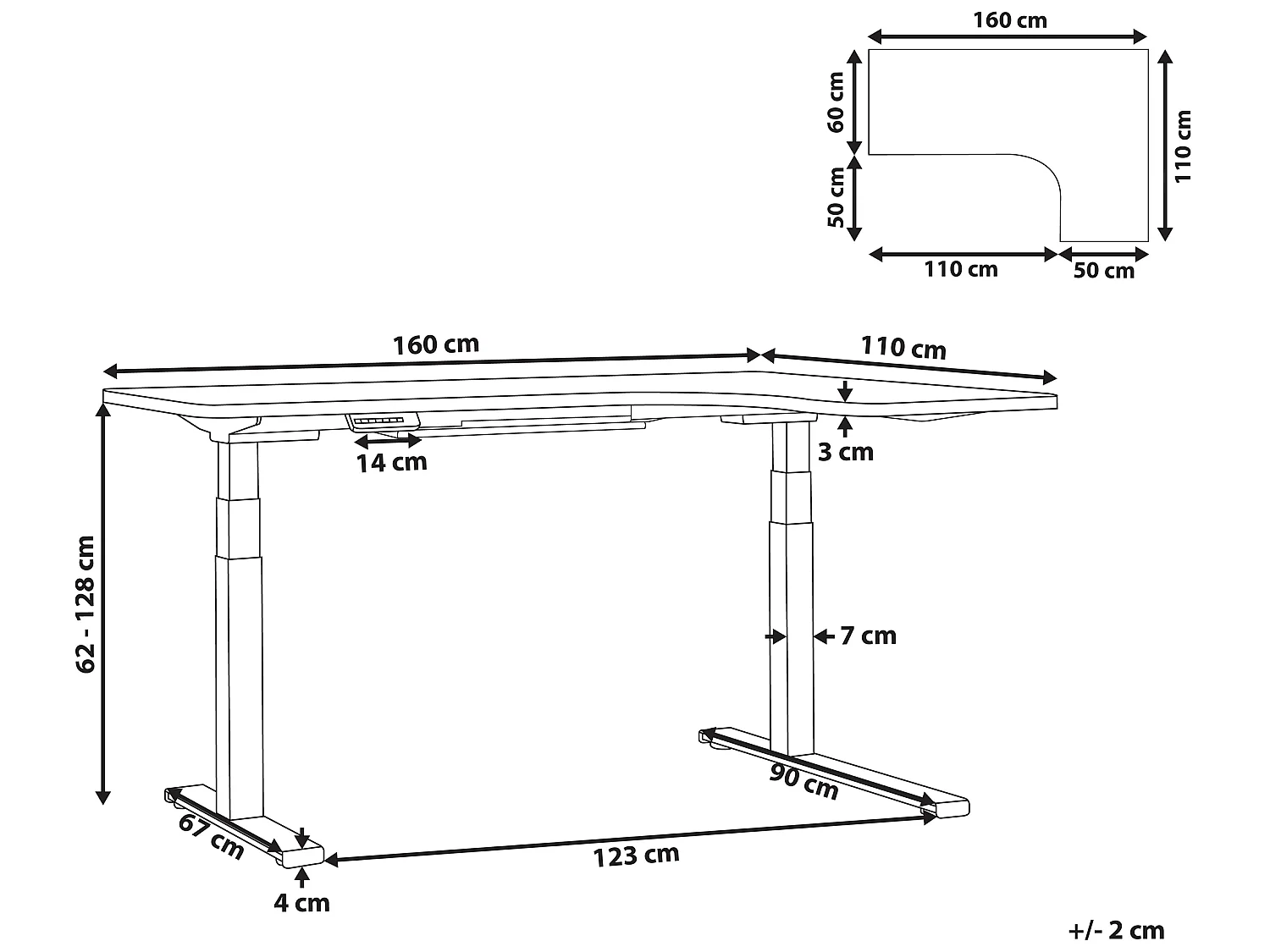 Bureau angle à droite/ réglable électrique 160 x 110 cm noir et blanc DESTIN II