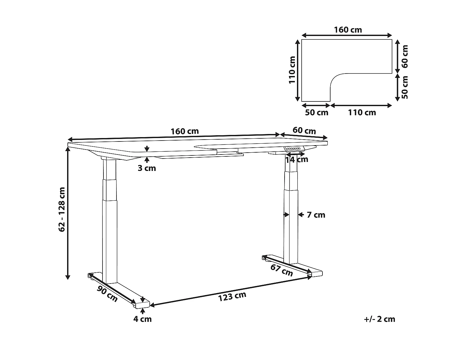 Bureau angle à droite / réglable électrique 160 x 110 cm blanc DESTIN II