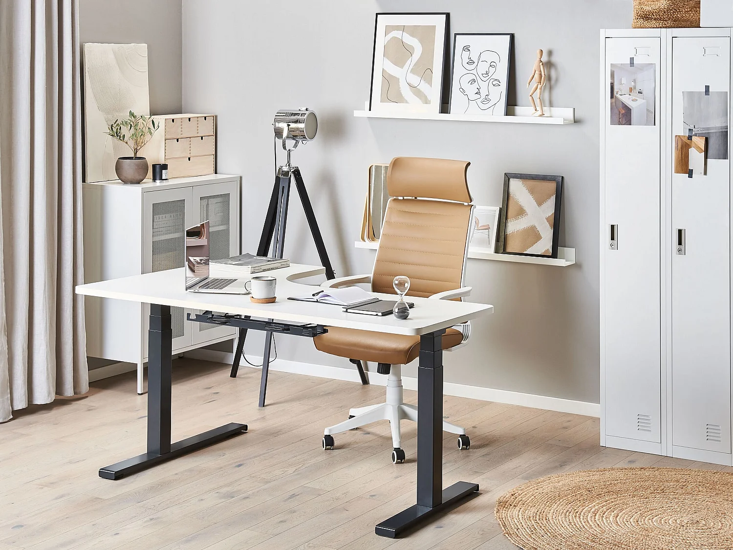 Bureau angle à gauche / réglable électrique 160 x 110 cm blanc et noir DESTIN II