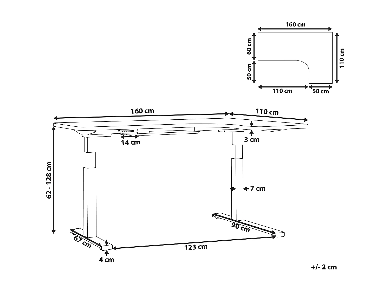 Bureau angle à gauche / réglable électrique 160 x 110 cm blanc et noir DESTIN II