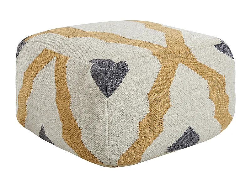 Handgestrickter Woll-Pouf in Beige Gelb und Grau Boho-Muster Zeugma