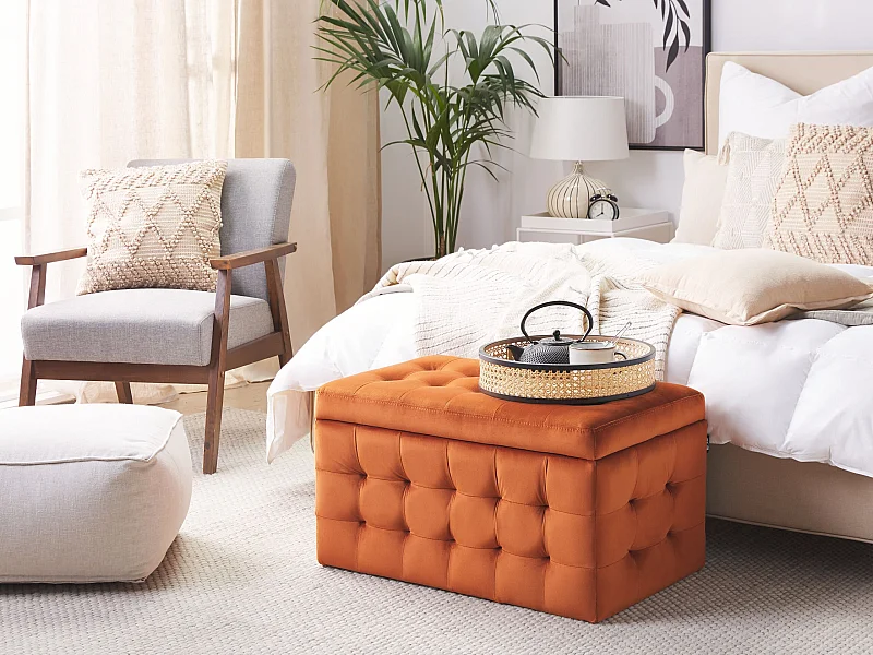 Hocker mit Stauraum Deckel Samt orange Bettbank Truhe Fußhocker Modern Michigan