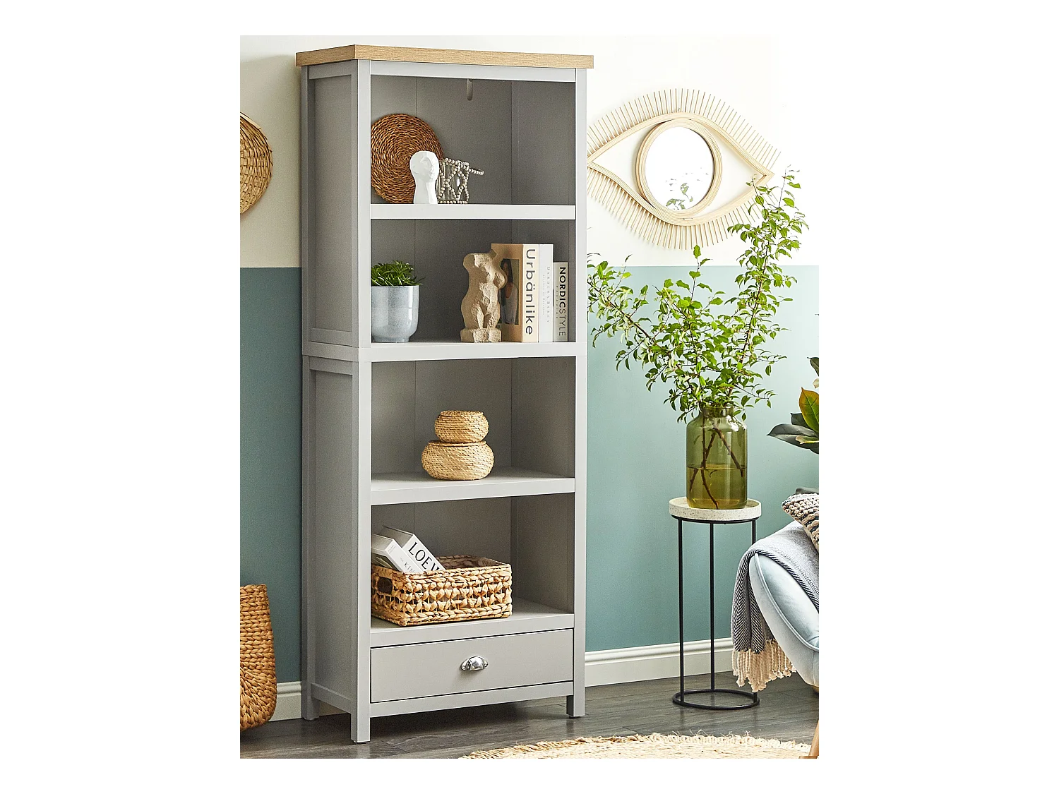 Hohes Bücherregal grau / heller Holzfarbton 4 Fächer 1 Schublade Landhaus Clio